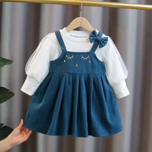 Setelan Dress Princess Anak Perempuan 2-in-1 Variasi Pita Biru Navy