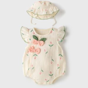 Tulip Crinkle Set - Jumper Romper Bayi Perempuan + Topi Bucket Premium
